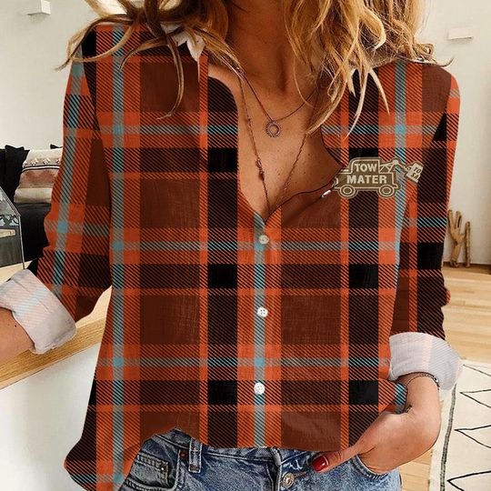 Tow Mater Plaid Women's Linen Casual Shirt, Button Up Shirt, Disney Vintage Shirt