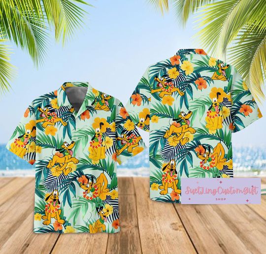 Disney Pluto Dog Hawaiian Shirt, Pluto Button Shirt, Tropical Shirt, Cartoon Summer Beach Shirt, Disneyworld Shirt, Disneyland Shirt