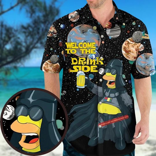 Homer Simpson Welcome To The Drink Side Button Shirt, The Simpsons Star Wars Hawaiian Shirt, Funny Disney Shirt, Summer Beach Shirt