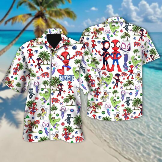 Personalized Spidey And His Amazing Friends Hawaiian Shirt, Disney Hawaii Shirt, Marvel Aloha Button Shirt, Superhero Hawaiian Shirt