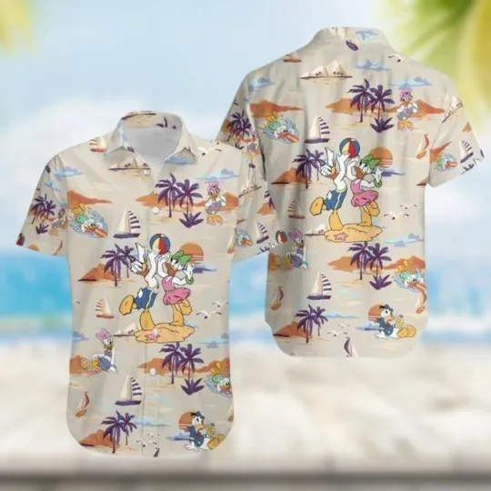Retro Donald & Daisy Duck Happy Holiday Summer Beach Trip Aloha Hawaiian Shirt