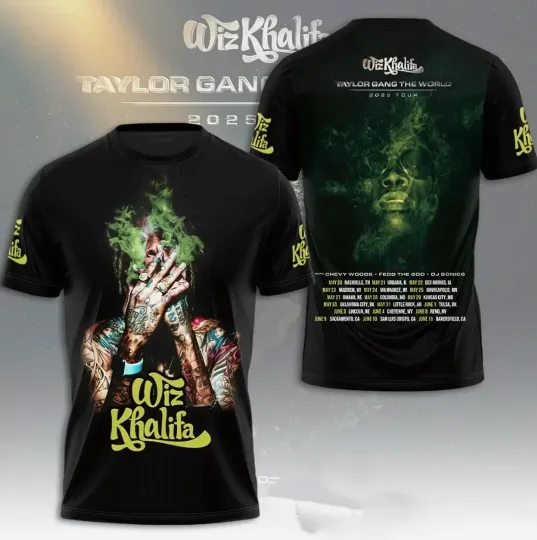 Wiz Khalifa The World Tour 2025 3D AOP T-Shirt Black Gifl For Fan