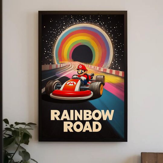 Mario Kart party poster Rainbow Road, Super Mario bros, Video game poster, Retrogaming, Super mario vintage
