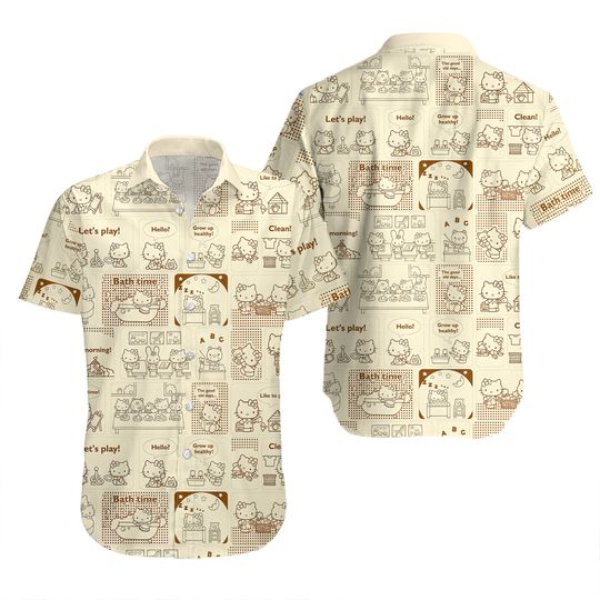 Hello Kitty Button Shirt, Kawaii Kitty Shirt And Shorts, Kitty Lets Play Shirt For Men, Kitty Cat Women Shirt, Cute Cat Gift For Her