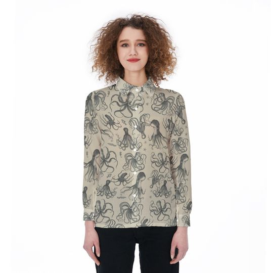 Octopuses Linen Shirt Women, Ocean Animal Blouses Tops Women, Marine Life Women Shirts, Retro Long Sleeve Shirt For Mom