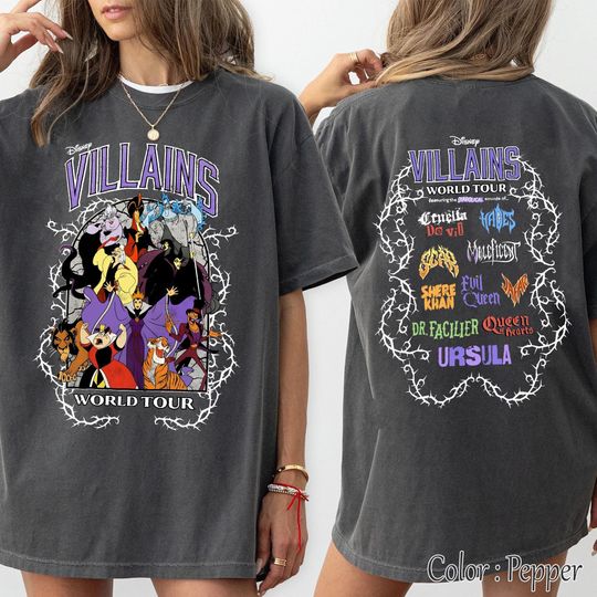 Two Sided Disney Villains World Tour T-shirt, Ursula Cruella Evil Queen Concert Tee, Vintage Tour Graphic Shirt, WDW Disneyland Trip 2025