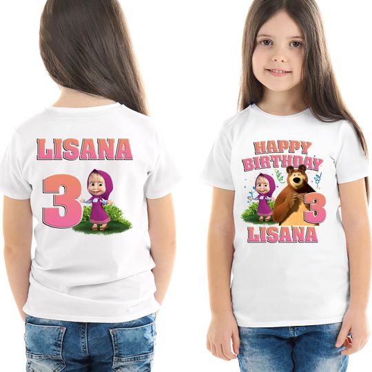Masha and Bear Birthday Outfit Set, Masha and Bear Birthday Shirt, Girls Birthday Shirt, Pink Shorts, Pink Bow