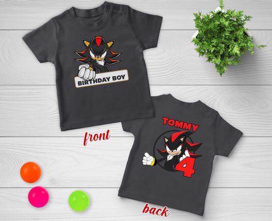 Personalized Shadow 2-sided Shirt, Custom Sonic With Age Number Tee, Sonic Family Birthday Party Theme Shirt, Sonic Birthday Kids