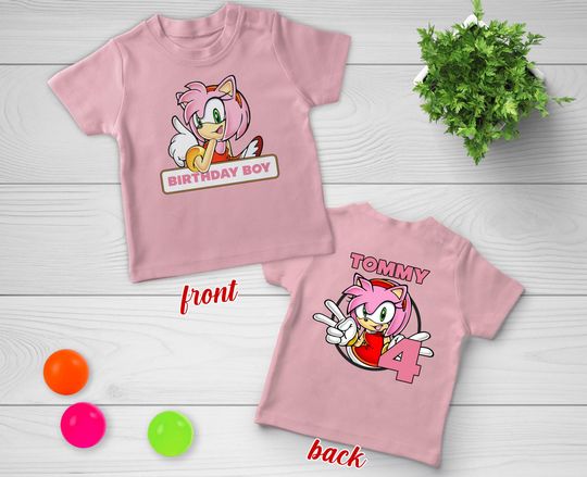 Personalized Amy Rose 2-sided Shirt, Custom Sonic With Age Number Tee, Sonic Family Birthday Party Theme Shirt,Sonic Birthday Kids