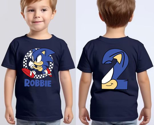 Personalized Sonic 2-sided Shirt,Custom Sonic With Age Number Tee,Sonic Family Birthday Party Theme Shirt,Sonic Birthday Kids Gift