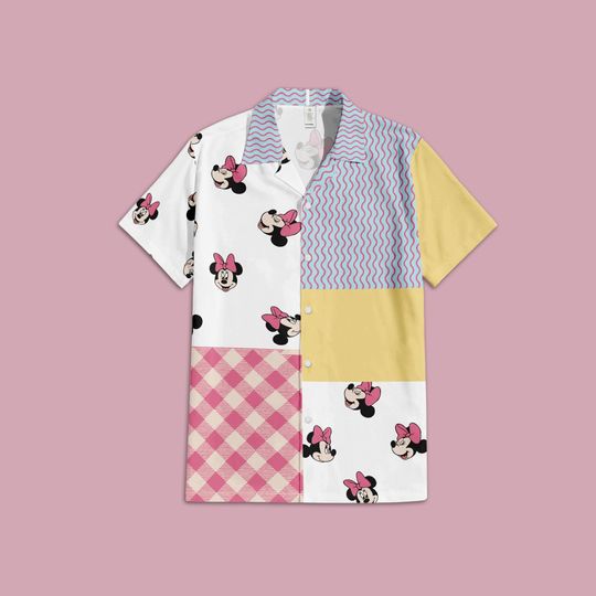 Disney Minnie Mouse Hawaiian Button Up Shirt, Minnie Patchwork Blocks Hawaii Shirt, Disney Button Down Shirt, Minnie Mouse Disney Trip Shirt