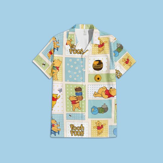 Disney Winnie the Pooh Hawaiian Button Up Shirt, Blocks of Pooh Style Hawaii Shirt, Pooh the Hundred Acre Wood, Disney Summer Trip Shirt