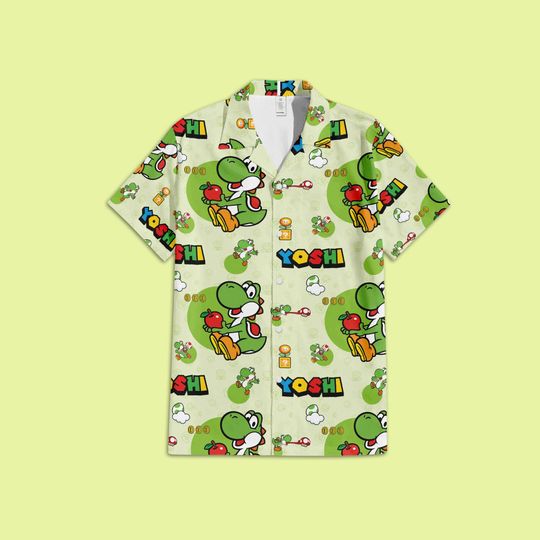 Yoshi Super Mario Hawaiian Shirt, Yoshi Mario Button Up Shirt, Yoshi Mushroom Kingdom Shirt, Universal Studio Trip Shirt
