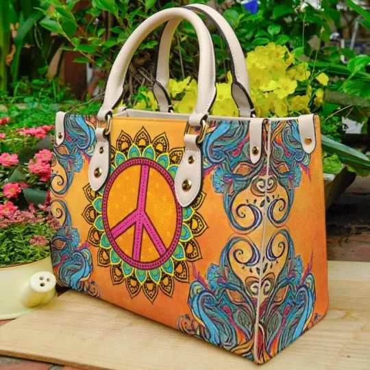 Hippie Peace Pattern Leather Handbag, Hippie Flower Leather Handbag
