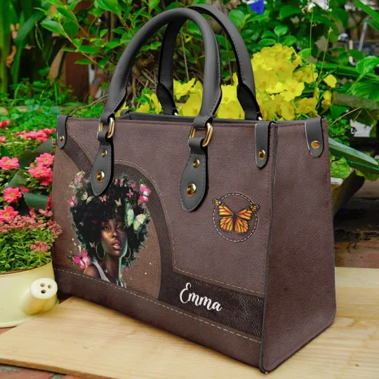 Personalized African American Black Girl Love Butterfly Leather Handbag Gift