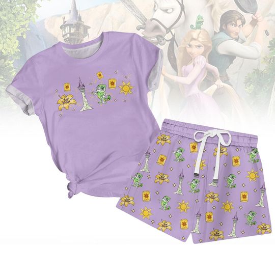 Tangled Pascal Lantern Tower T-Shirt And Shorts, Disney Tangled Summer Pajama Set, Rapunzel Princess Tshirt, Disney Women Sleepwear
