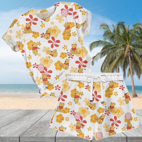 Winnie The Pooh Tshirt And Shorts, Pooh Bear Aloha Summer Shirt, Disneyland Trip Shirt For Her, Magic Kingdom Tee Women, Disney Shirt