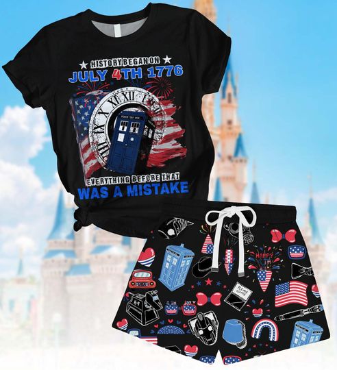 Doctor Who 4th of July T-Shirt Short Set, Police Box America Pajamas Set, Dr Who Tardis Sleepwear, Red White And Blue Loungewear