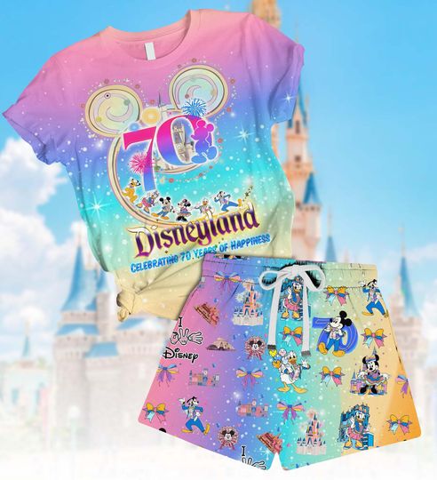 Disneyland 70th Anniversary T-shirt Short Set, Disney 70 Years Pajamas, Mickey And Friends Celebration 1955-2025, Matching Family Shirt