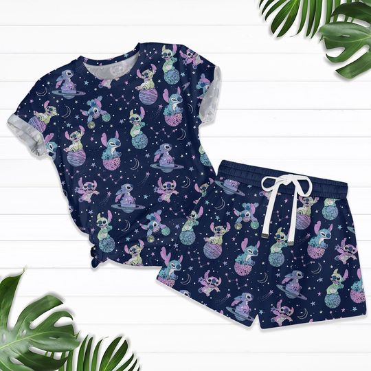Stitch Galaxy Pajama Set, Cute Matching T-Shirt and Shorts, Summer Space Outfit, Kawaii Lilo and Stitch Gift for Her, Summer Gift