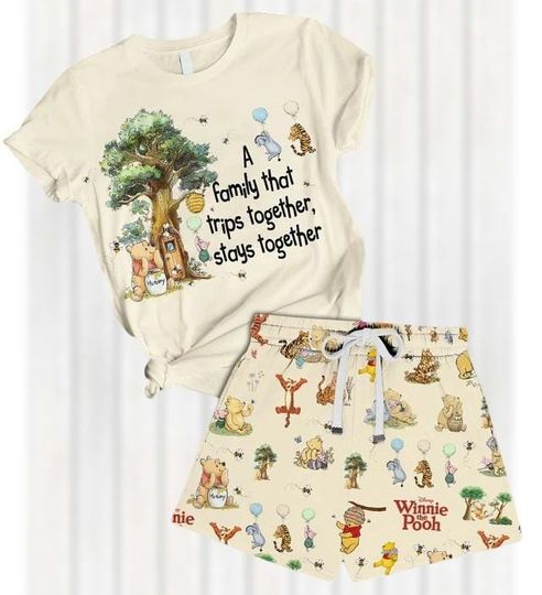 Retro Winnie The Pooh Pajamas Set, Pooh And Friends Shirt, Disney Shorts, Cartoon Shirt And Shorts Set, Summer Sleepwear Gift For Her