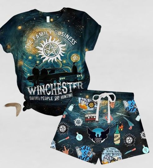 Supernatural Pajamas Shorts Set, Winchester Brothers Shirt, Hunting Retro Movie Tee, Dean Winchester Women Pajamas, Supernatural Shirts
