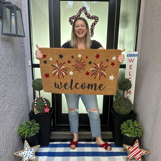 Fireworks Coir Doormat for Fourth of July, Patriotic Summer Door Decor