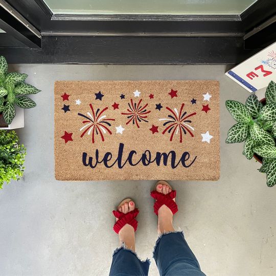 Fireworks Coir Doormat - Fourth of July Outdoor Summer Decor, Red White and Blue Welcome Mat