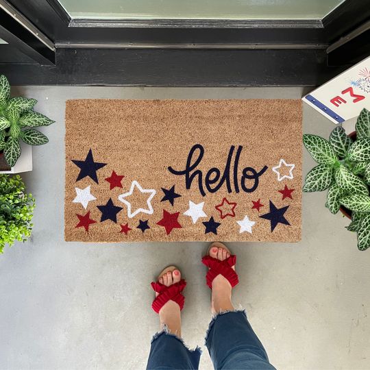 Star Coir Doormat - Fourth of July Summer Welcome Mat, Red White and Blue Outdoor Decor