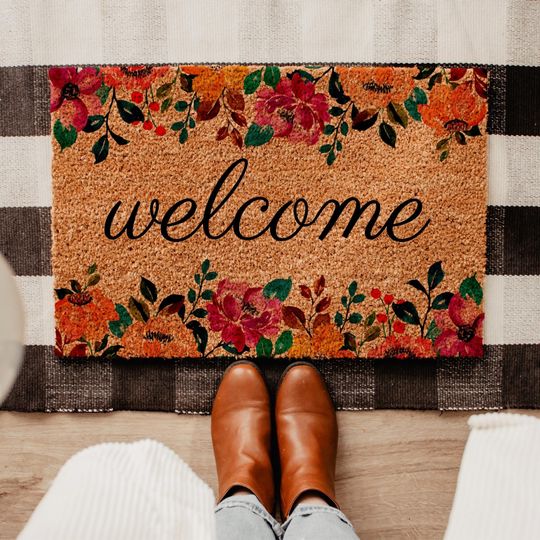 Floral Coir Welcome Doormat, Spring Front Door Mat, Housewarming Gift, Cute Porch Decor