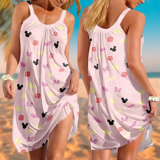 Mickey Mouse Sling Summer Dress, Cute Mickey Sleeveless Vacation Dress, Disney Park Beach Sundress, Mickey Mouse Cruise Summer Outfit