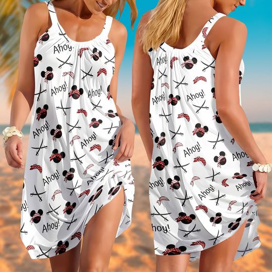 Disney Mickey Pirates Sling Summer Dress, Pirate Mickey Sleeveless Dress, Disneyland Vacation Outfit, Mickey Mouse Summer Beach Dress