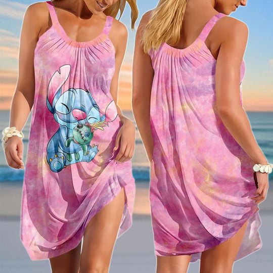 Disney Stitch Sling Summer Dress, Cute Cartoon Summer Dress, Casual Dress For Beach Trip, Lilo & Stitch Women Dress, Summer Gifts
