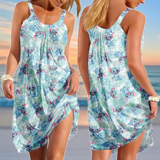Retro Stitch Sling Summer Dress, Disneyland Women Dress, Disney Beach Dress, Family Disney Casual Dress, Funny Stitch Shirt For Her