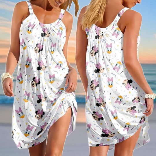 Minnie Mouse Sling Summer Dress, Mickey And Friends Women Dress, Disneyland Beach Dress, Funny Cartoon Dress For Vacation