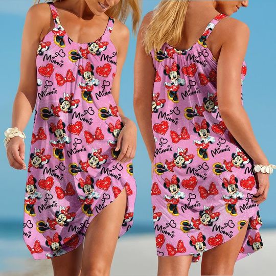 Minnie Mouse Sling Summer Dress, Disney Women Dress, Minnie Casual Dress, Movie Summer Dress, Cartoon Beach Dress,Disney Vacation Dress