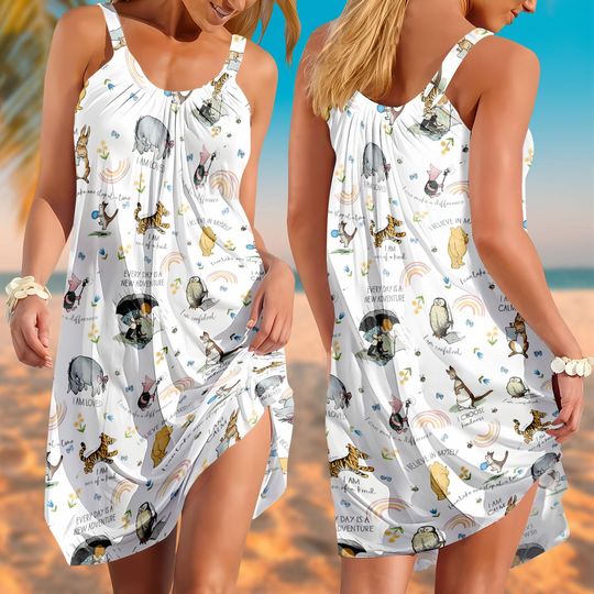 Winnie The Pooh Sling Summer Dress, Disney Cartoon Women Dress, Pooh Eeyore Piglet Tigger Sleepwear Shirt, Disney Vacation Beach Dress