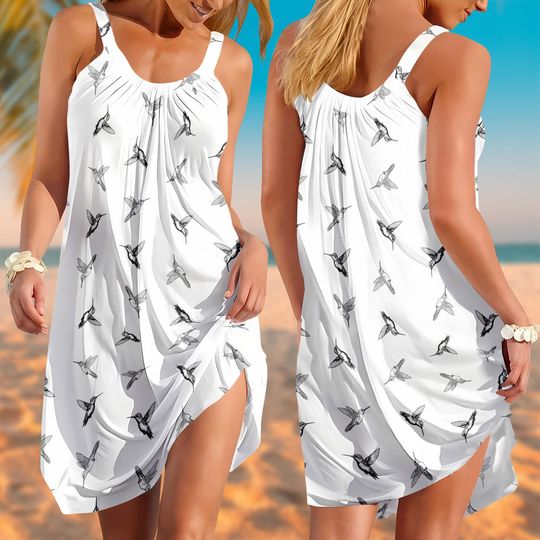 Hummingbird Sling Summer Dress, Hummingbird Lover Women Dress, Bird Shirt, Nature Beach Dress, Animal Women's Clothing, Gifts For Her
