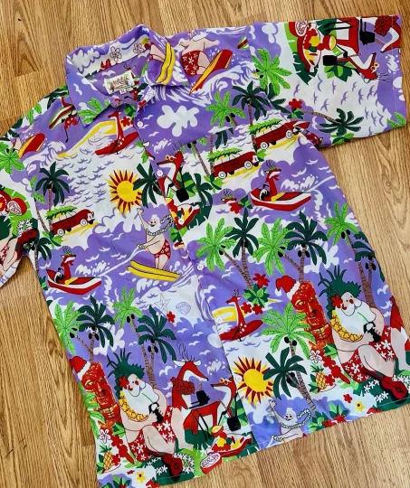 WAIKIKI CREATIONS HOLIDAY CAMP SHIRT -XL HAWAII SUN SURFING SANTA PALM CHRISTMAS