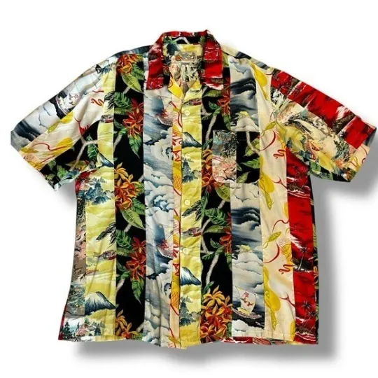 Vintage Lucky Beach Hula Wear Hawaiian Shirt Mixed Print Patchwork Stripe SZ XL