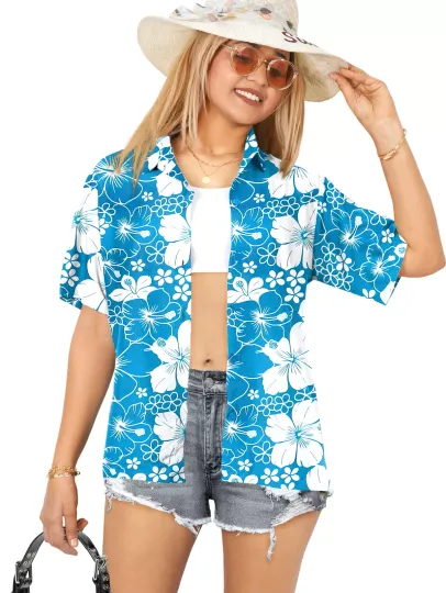 LA LEELA Hawaiian Shirts Womens Floral Summer Beach M All Hibiscus, Turquoise