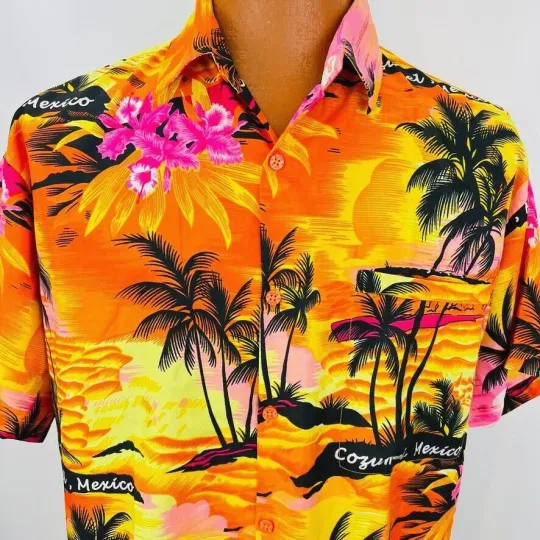 Rima Hawaiian Aloha L Shirt Cozumel Mexico Palm Trees Sunset Palm Trees Tropical