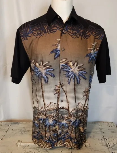 pierre cardin Black Rayon Palm Trees Ocean Hawaiian Print Men's Sz. S
