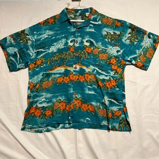 Pineapple Moon Mens Hawaiian Shirt ￼Waves Palm Trees Button 100% Rayon￼  L Large