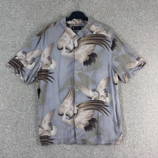 Allsaints Mens Shirt Large Grey Wader Hawaiian Bird Crane SS Lightweight