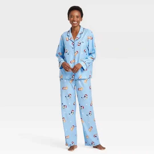 BlueyDad Christmas Pajamas Set Womens Button Disney Bingo Dog S M L XL XXL Mom Coat