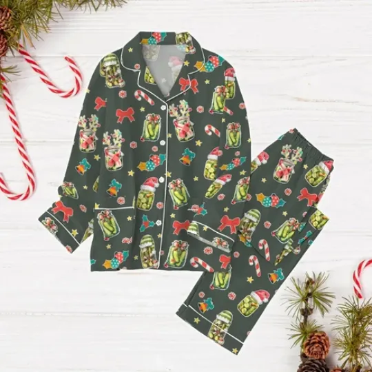 Christmas Pickle Pajamas Set, Luxury Silk Pajamas Soft Sleepwear For Women