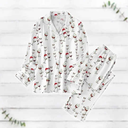 Red Wine Glass Christmas Pajamas Set, Luxury Silk Pajamas Soft Sleepwear For