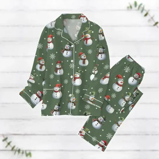 Snowman Christmas Pajamas Set, Luxury Silk Pajamas Soft Sleepwear For Women