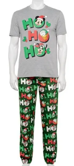 Disney Mickey Mouse Pajama Set Men Large Tee Microfleece Pajama Christmas HOHOHO